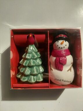 St Nicholas Square Snowman And Tree Salt & Pepper Shakers  4" New